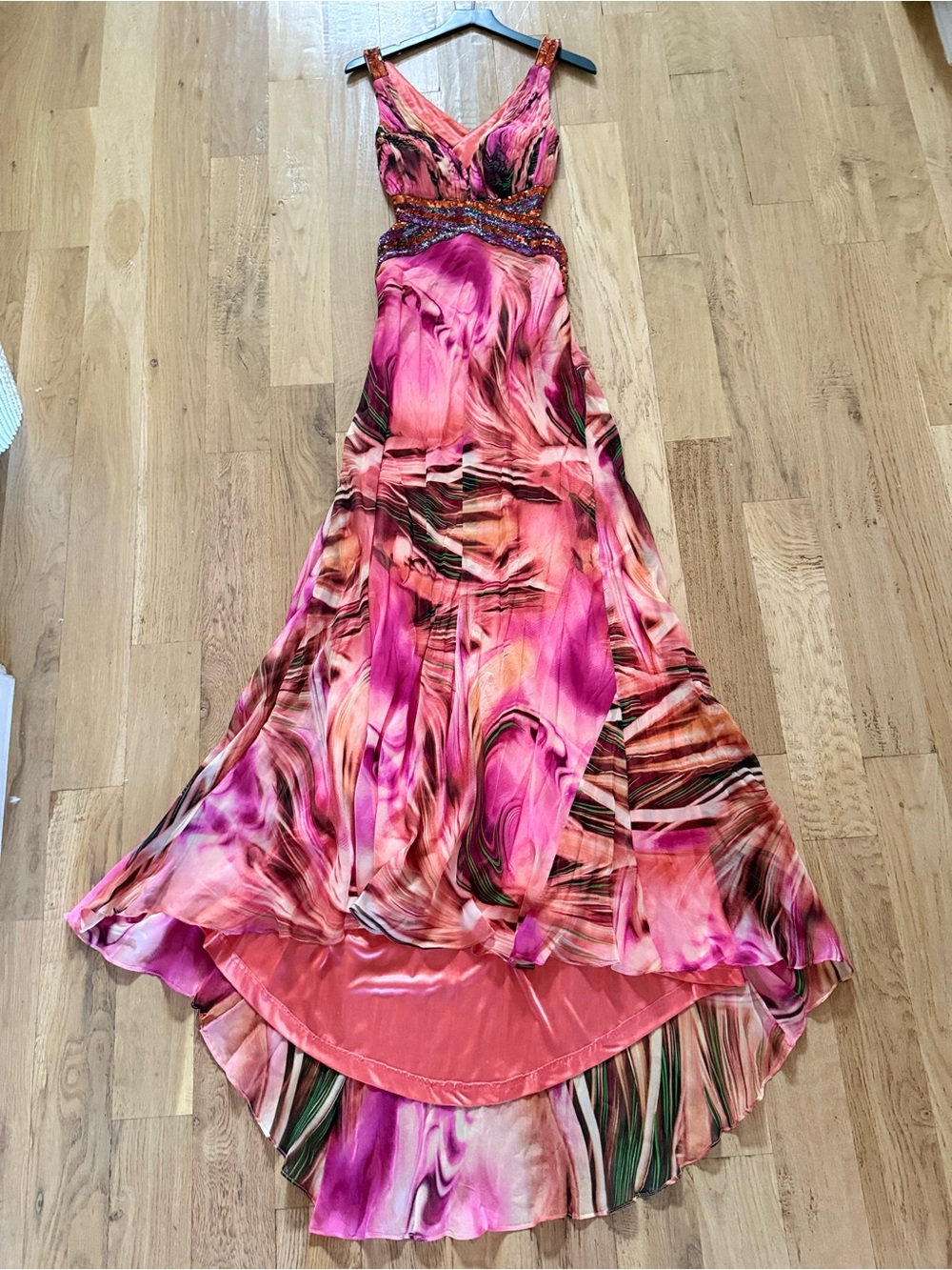 La Femme Pink Swirl High-Low Evening Gown